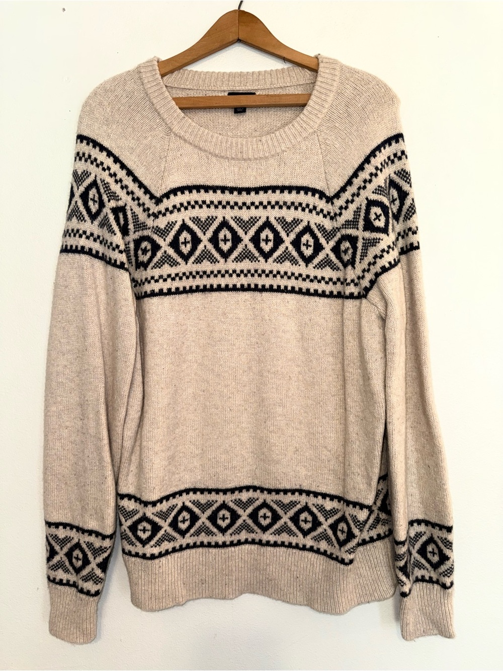 J. Crew Sweater Men's L Beige Navy Fair Isle Lambswool Blend Grandpa Cottagecore